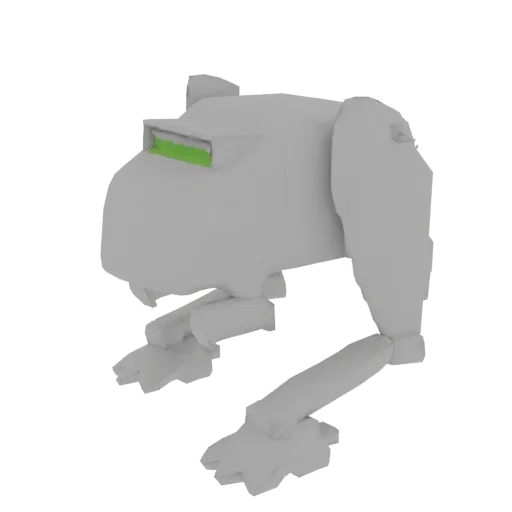 3D render of a gray sci-fi robot creature with a green eye, posed dynamically on a black background.