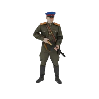 Modello 3D di un soldato sovietico con uniforme verde e cappello blu, che impugna una mitraglietta PPSh-41, su sfondo bianco.
