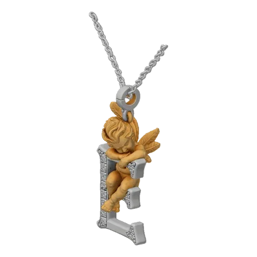 3D model of a cherubic angel with wings, embracing a gem-adorned letter 'E' pendant, suspended from a delicate chain.