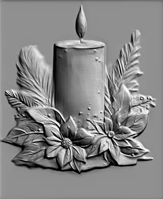 3D model of a burning candle bas-relief, decorated with poinsettias and leaves, in monochrome