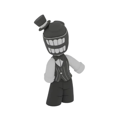 3D model of a stylized character called 'The Grinning Butler', wearing a top hat and pinstripe suit, with a wide, unsettling