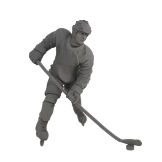 Modelo 3D de un jugador de hockey en pose dinámica, sosteniendo un palo y un disco, listo para la acción.