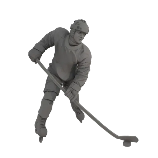 3D model of a hockey player in a dynamic pose, holding a stick and puck, ready for action.