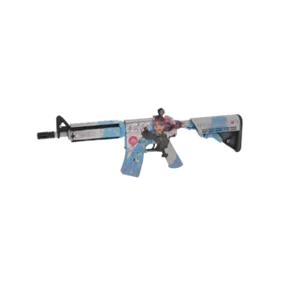 Modelo 3D de un rifle de asalto con una vibrante skin temática de anime, con un personaje y acentos pastel azul y blanco.