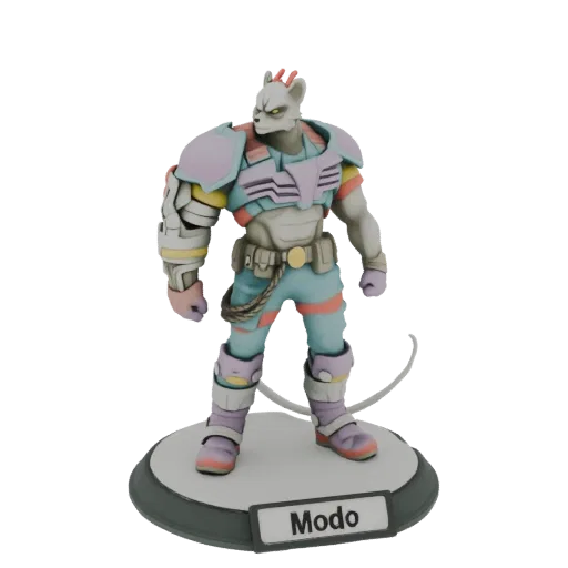 3D model of the character Modo, an anthropomorphic feline with futuristic armor, standing on a display base with its nameplat
