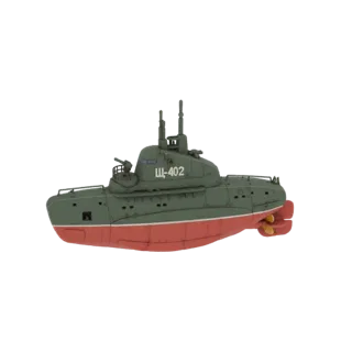 3D-Modell eines sowjetischen U-Boots Schtsch-402, grün und rot bemalt, mit Turm und sichtbaren Markierungen.