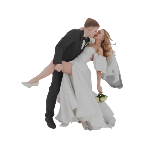 3D model of a groom in a tuxedo dipping and kissing a bride in a white wedding gown, holding a bouquet.