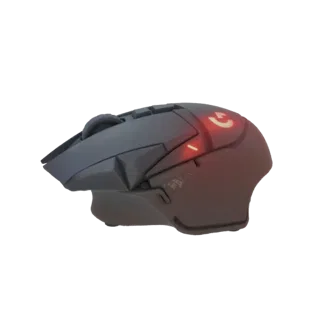 3D model of a black Logitech G PRO X Superlight wireless gaming mouse, viewed from the side with the scroll wheel and logo vi