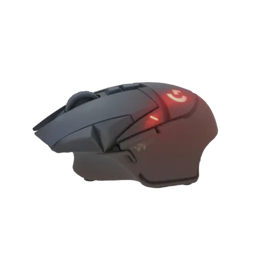 3D model of a black Logitech G PRO X Superlight wireless gaming mouse, viewed from the side with the scroll wheel and logo vi