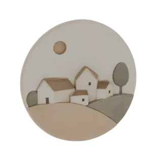 3D model of a round plaque featuring a charming village scene with houses, a tree, and a sun.