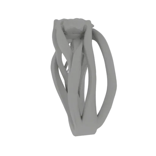 3D model of a modern twisted band ring with a central setting for a gemstone, rendered in a neutral gray material.