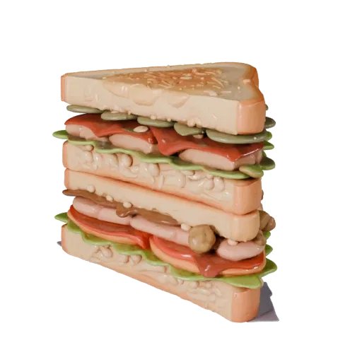 Sandwich Realistic 3D model, three-quarter studio render, showing sauces, plated composition.