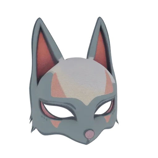 Una renderización 3D de una máscara de zorro estilizada en colores gris, rosa y crema, con orejas puntiagudas y grandes cuenc