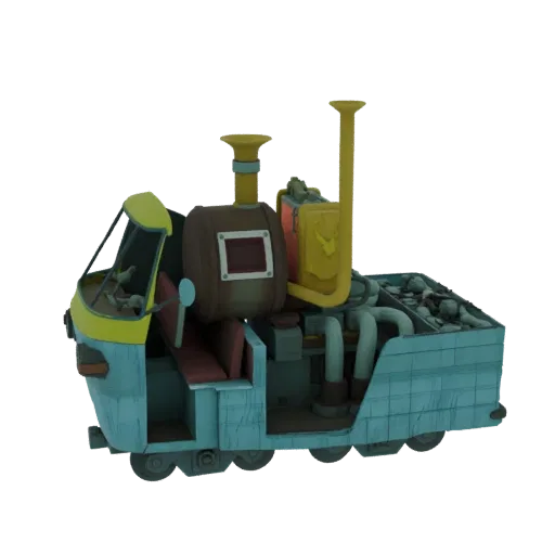 3D model of a Steampunk Utility Vehicle with a light blue body, yellow accents, a boiler, and a coal-filled rear compartment.