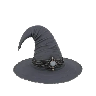 Modèle 3D d'un chapeau de sorcière plissé gris foncé avec une bande ornée et une gemme centrale, sur fond blanc.