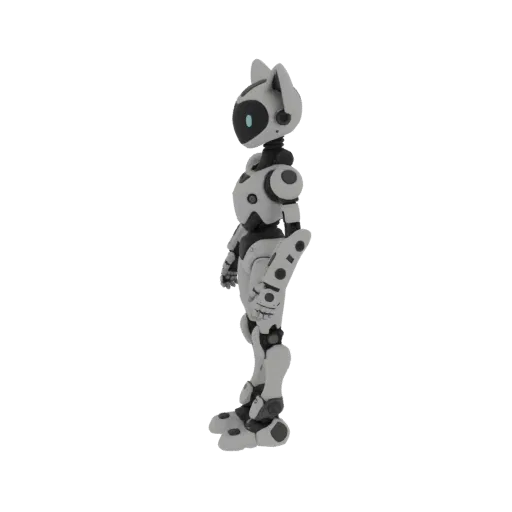 Side view of a futuristic 3D model robot with white and gray plating and prominent cat ears, standing against a white backgro
