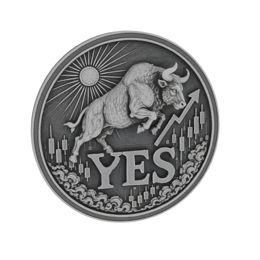 3D model of a coin with a bull charging upwards over a stock market graph, with the word "YES" in the center.