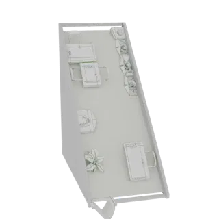 A 3D render of a modern office scene, featuring a desk, two chairs, and a plant, viewed from a high angle.