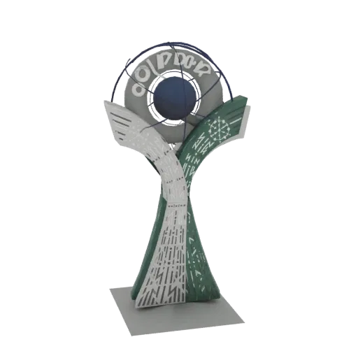3D render of an abstract geometric sculpture with a central globe, stylized wings, and intricate patterns in white and green,