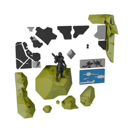 Space Battle Vignette low poly 3D model preview showing layered parts, three-quarter game view, depth and display scale