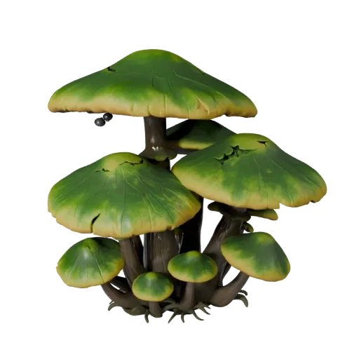 Alien Mushroom Grove Realistic 3D model, three-quarter environment render, showing leaf clusters, terrain detail.