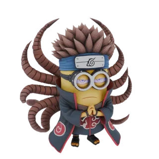 Modèle 3D d'un personnage Minion déguisé en Pain de Naruto, portant une robe Akatsuki et des yeux Rinnegan, avec des cheveux