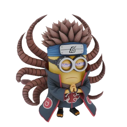 3D model of a Minion character dressed as Pain from Naruto, wearing an Akatsuki robe and Rinnegan eyes, with spiky hair and t