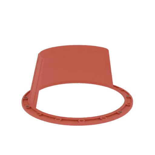 3D model render of a red cone with a circular flange and bolt holes at its base, set against a black background.