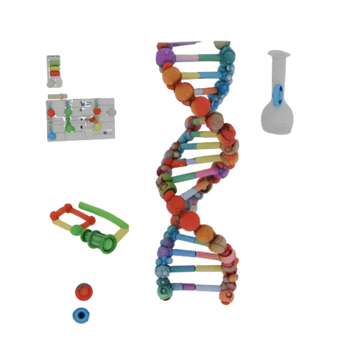 Crystal DNA Helix 3D model, side profile view, technical viewport render, showing colored spheres, molecule layout.