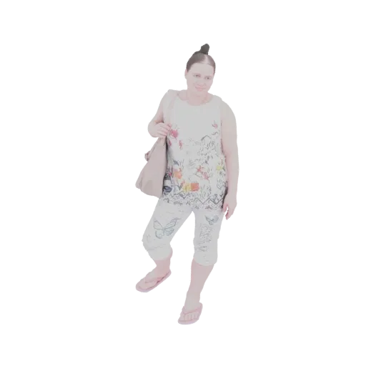 3D model of a woman wearing a floral top, butterfly-patterned capris, and carrying a shoulder bag.