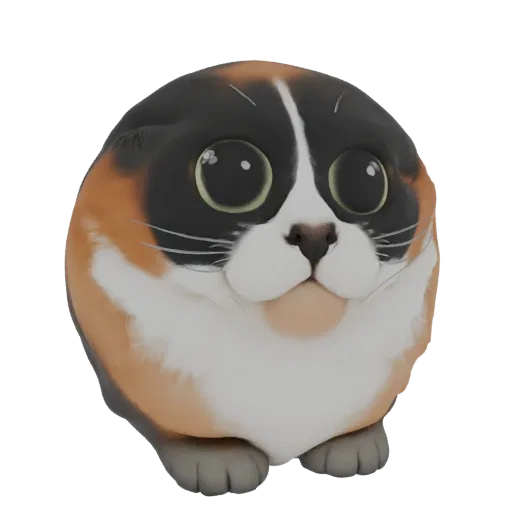 Modèle 3D d'un chat calico rond et rondouillard avec de grands yeux verts et une apparence douce et pelucheuse, assis avec le