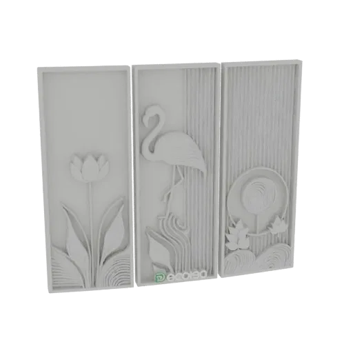 3D model of a triptych wall panel with embossed relief art of a flamingo, lotus flower, and a hat.