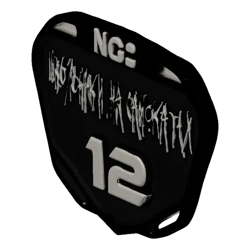 3D model of the NG: Schoolchildren on Scooters emblem, featuring white text 'NG:' and '12' on a black background with a styli