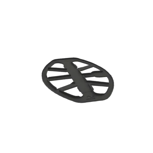 3D model of a black, oval-shaped metal detector coil with a ribbed design.