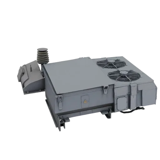 3D model of a gray industrial transformer unit with two large cooling fans on top and electrical insulators on the side.