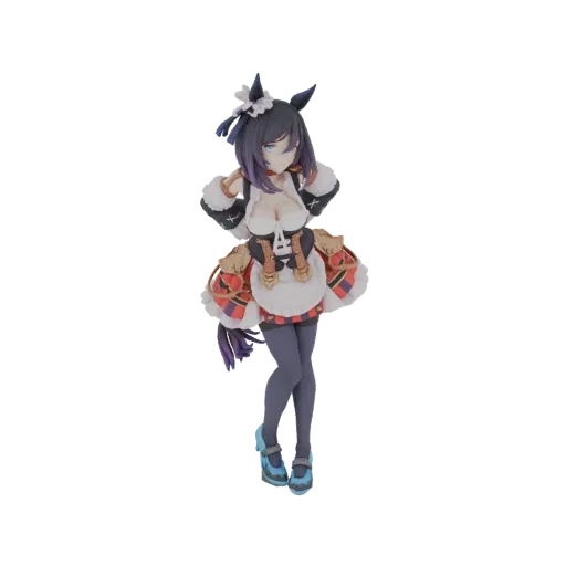 3D model of an anime maid character with black hair, horse ears, a tail, and a detailed maid outfit, standing against a black
