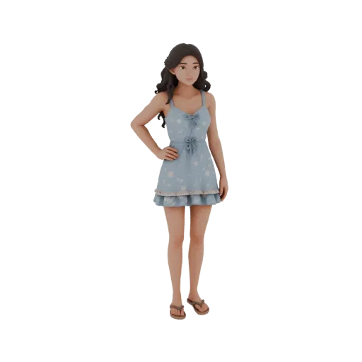 Modèle 3D de fille en robe d'intérieur bleue à fleurs et chaussons, avec de longs cheveux sombres.