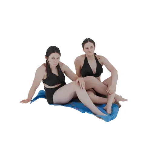 3D model of two young women in black bikinis sitting side-by-side on a blue towel, with relaxed poses.