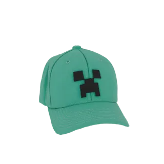 A 3D model of a green Minecraft Creeper baseball cap with its iconic pixelated face.