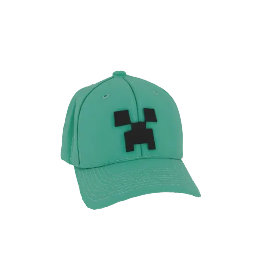 A 3D model of a green Minecraft Creeper baseball cap with its iconic pixelated face.