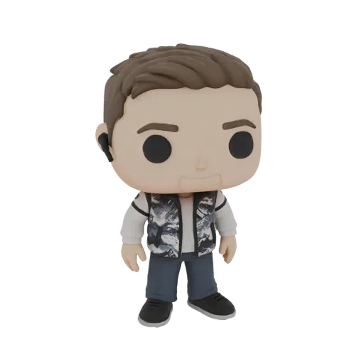 3D model of a stylized male figure wearing a patterned vest, white shirt, dark pants, and an earbud, presented against a whit