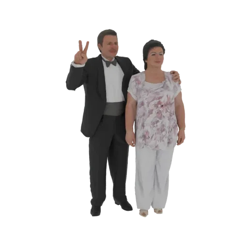 3D model of a man in a black tuxedo giving a peace sign, standing next to a woman in a floral top and white pants.