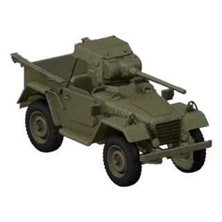 A 3D model render of a green, open-top WWII armored car with a turret and gun, shown from a three-quarter front angle.