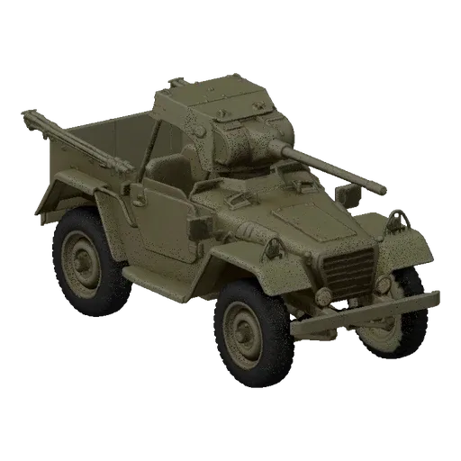 A 3D model render of a green, open-top WWII armored car with a turret and gun, shown from a three-quarter front angle.