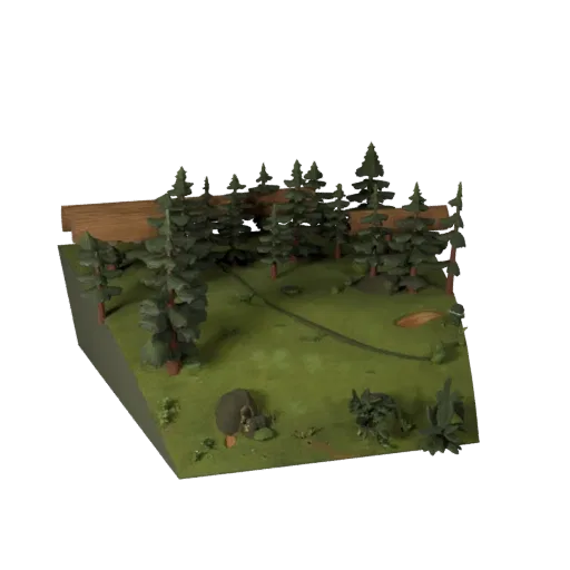 Temperate Forest Biome Realistic 3D model, three-quarter environment render, showing terrain layers, terrain detail.