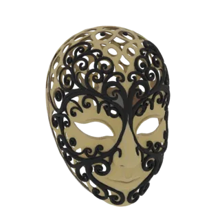 A 3D render of an ornate Venetian mask with intricate black filigree overlaying a beige face, featuring detailed eye openings