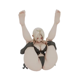 Modello 3D di una ragazza anime con capelli biondi e occhi rossi, che indossa lingerie nera e assume una posa dinamica.