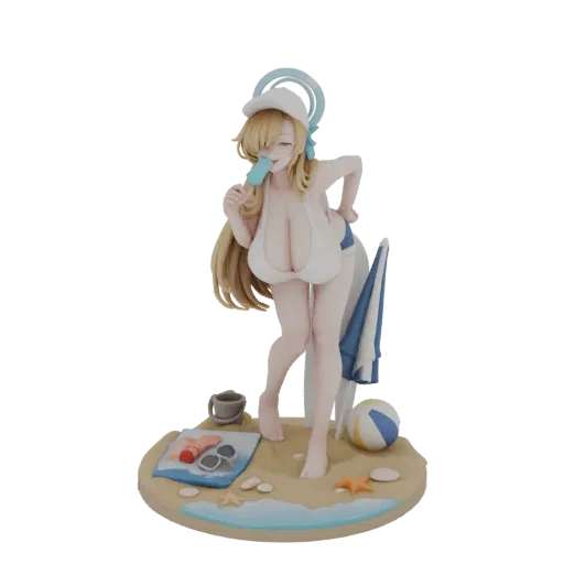 3D-Modell eines Anime-Mädchens im weißen Bikini, das am Strand ein Eis isst.