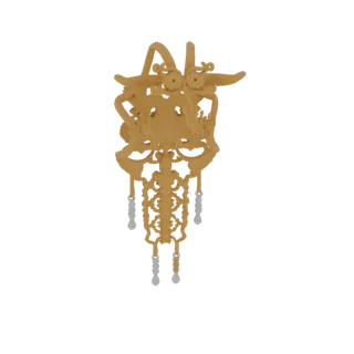 Modelo 3D de um grampo de cabelo dourado ornado com dois dragões enfrentados e acentos de pérolas pendentes, apresentado sobr