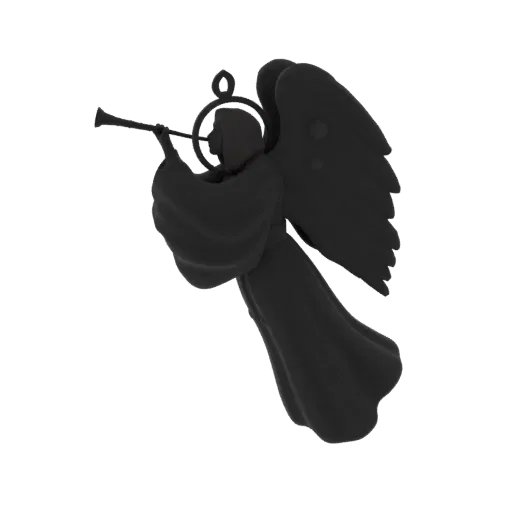 A dark, stylized 3D model of an angel with large wings, holding and playing a trumpet.